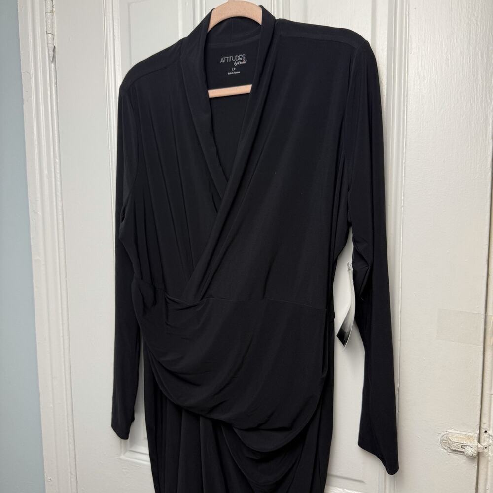 Attitudes by Renee Black Jersey Surplice Wrap Midi Dress Womens 1X NWT - Picture 2 of 10